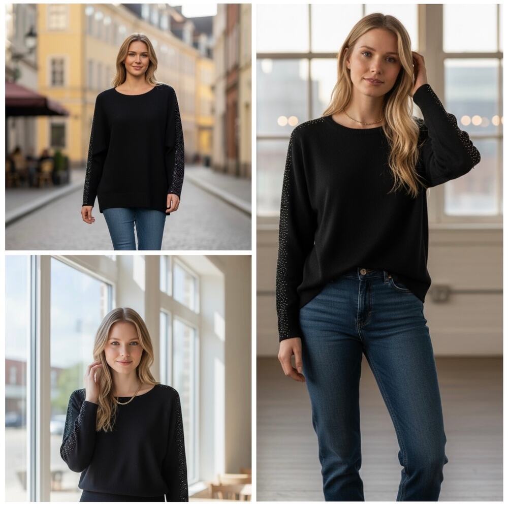 Vila Milano Black Embellished wool blend Sweater‎ Sz M